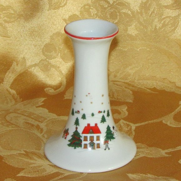 CHRISTMAS Candle Holder Porcelain Candlestick Holiday Winter Scene - Picture 2 of 4